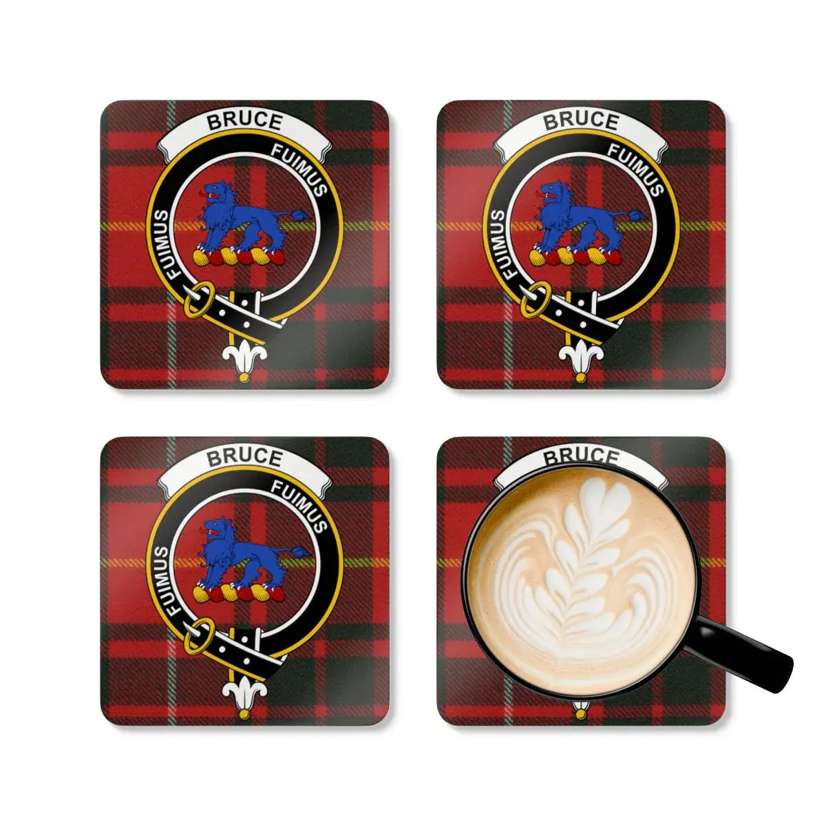 Bruce tartan coaster close-up — corkwood base with sealed red-yellow clan crest and lion