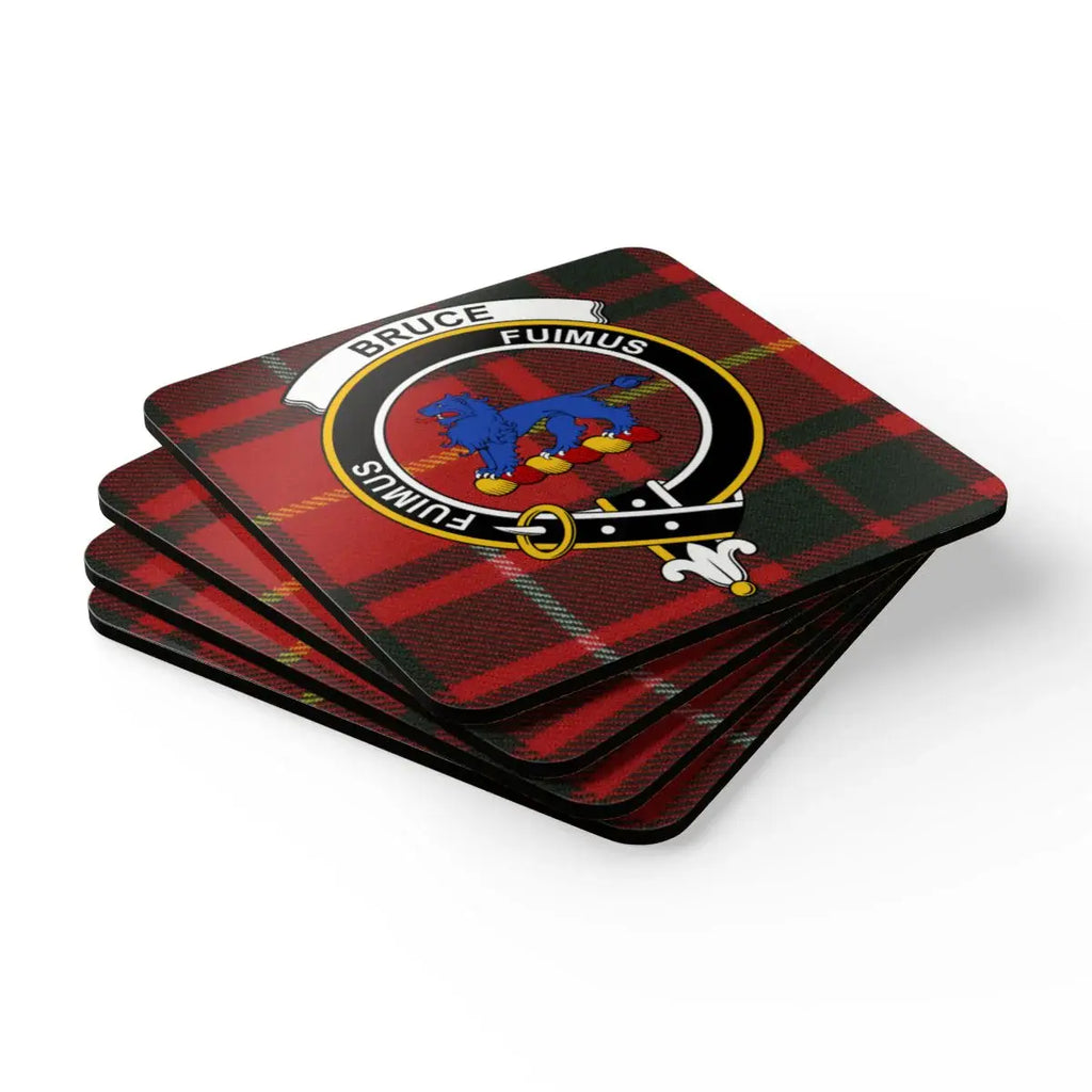 Bruce clan coaster set arranged — four 3.75-inch cork squares with Fuimus heraldic design
