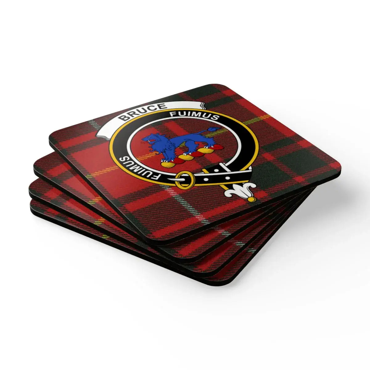 Bruce clan coaster set arranged — four 3.75-inch cork squares with Fuimus heraldic design
