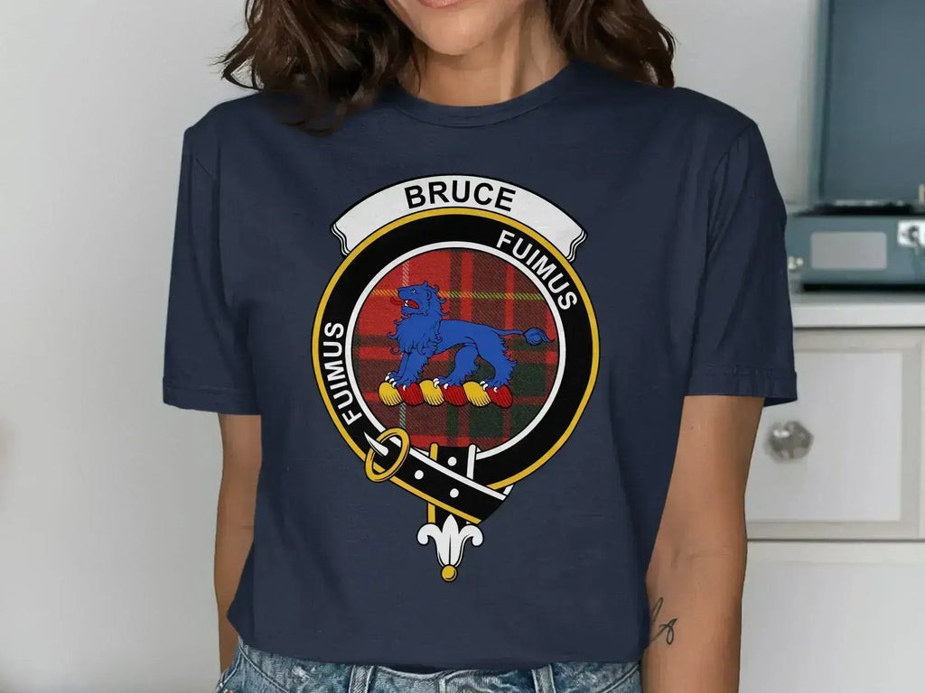 Bruce tartan tee in royal blue — heraldic crest print on chest, unisex cotton fit