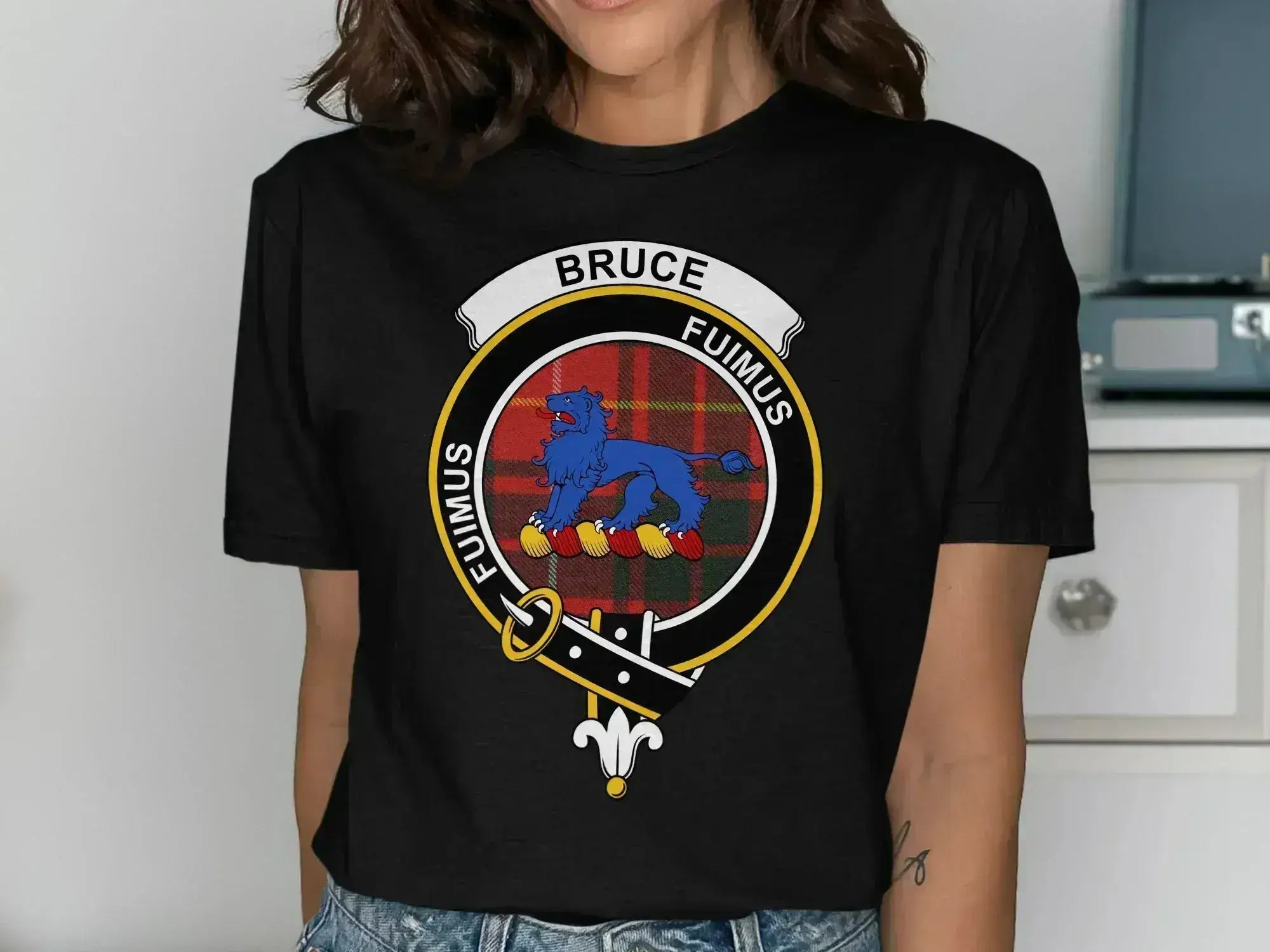 Clan Bruce tartan t-shirt in forest green — red-yellow plaid crest on 100% cotton