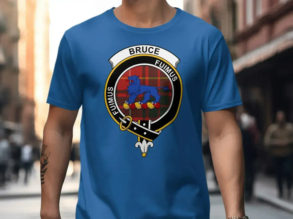 Bruce clan crest t-shirt shown front-on — blue lion rampant and tartan design detail