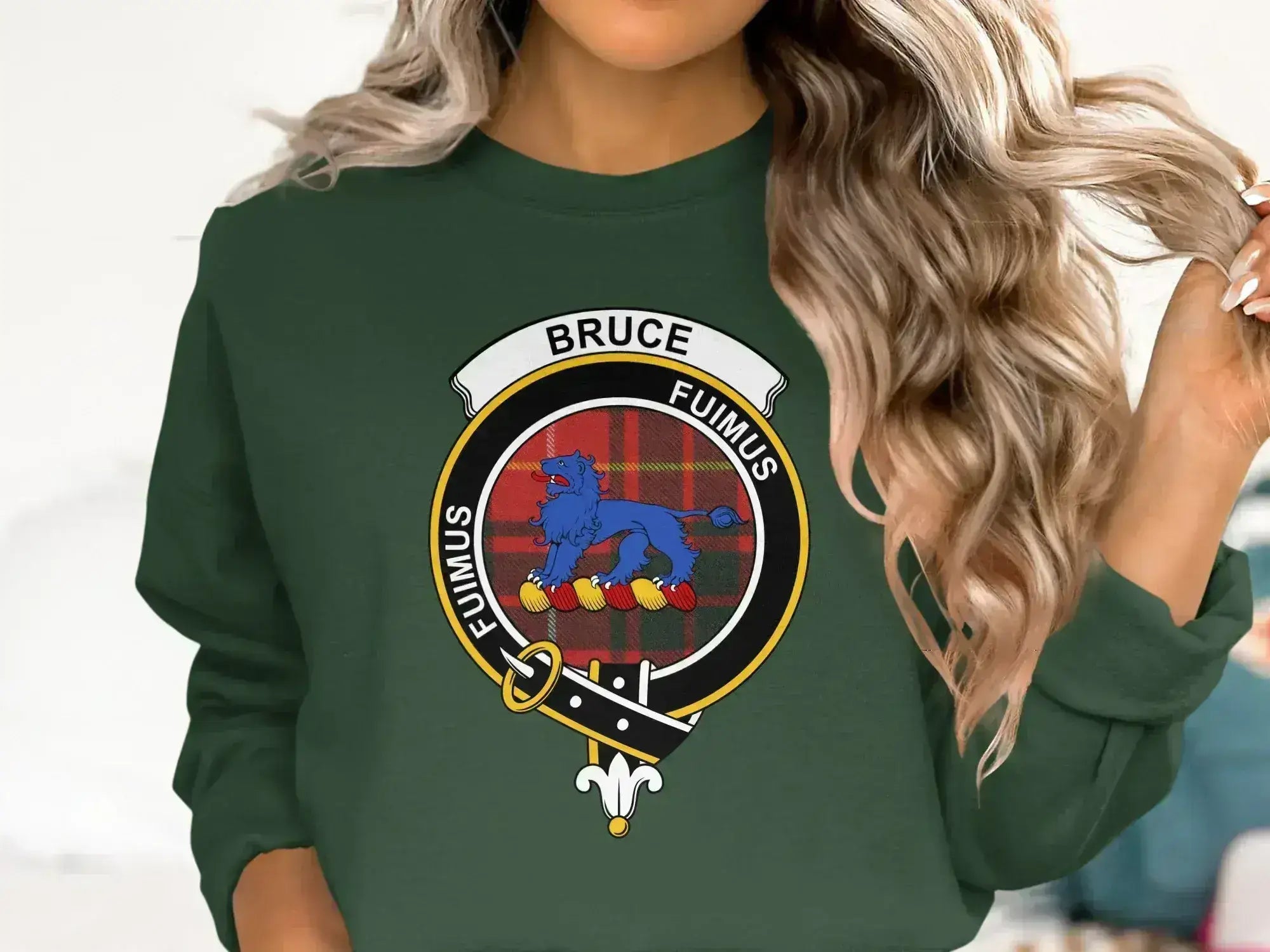Bruce clan crest sweatshirt in navy — fleece with blue lion and Fuimus heraldic design