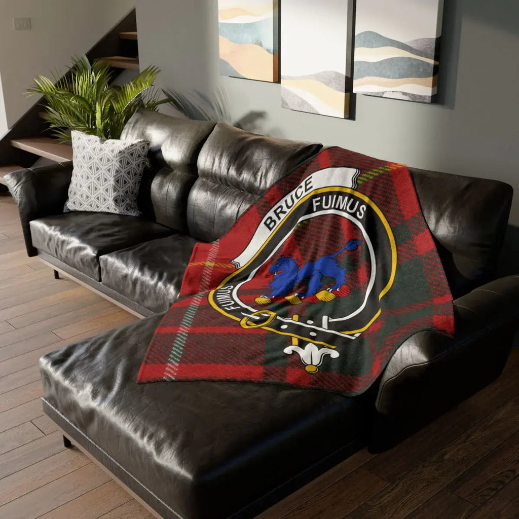 Bruce clan crest tartan printed throw blanket on sofa — 50x60 polyester, red-yellow design