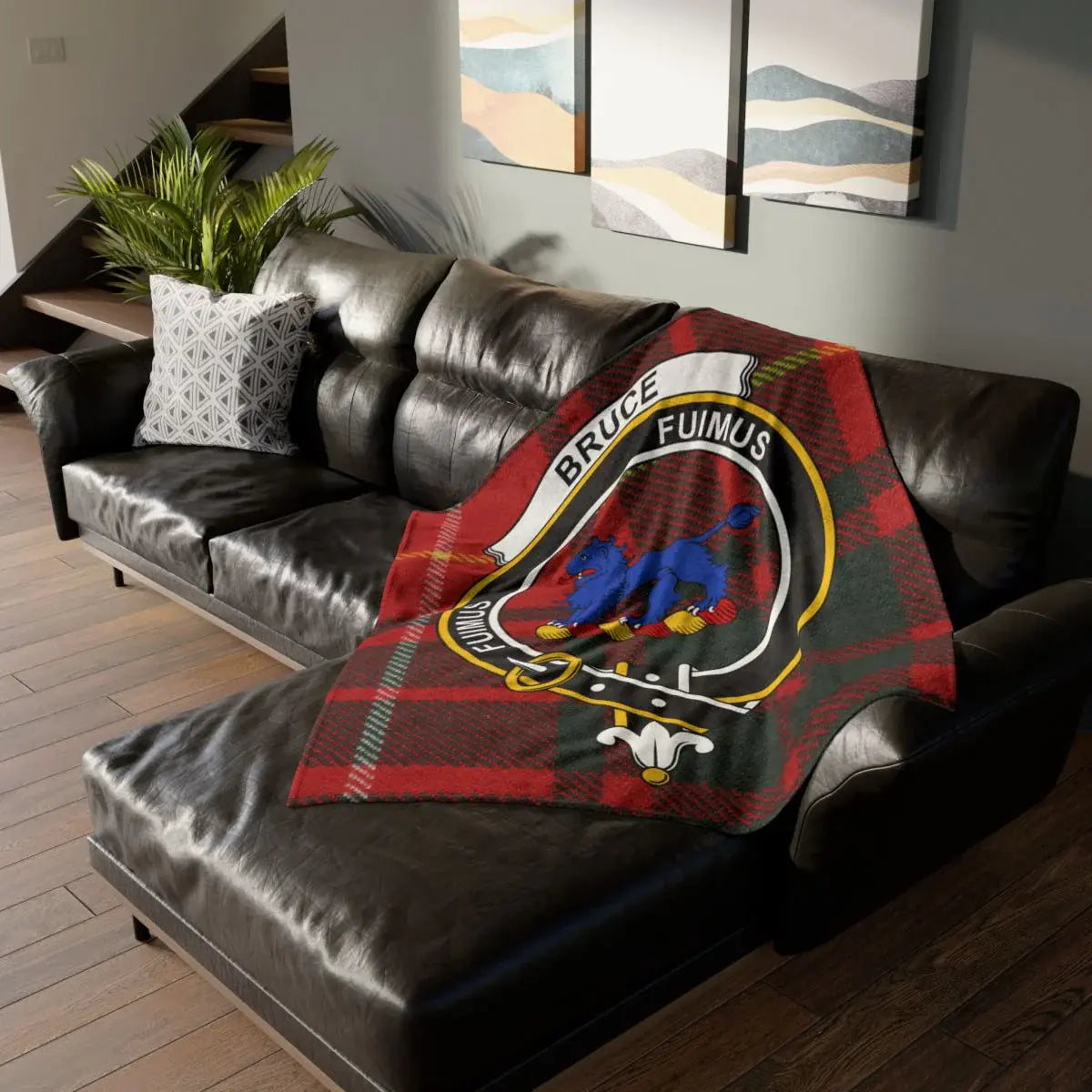 Bruce clan crest tartan printed throw blanket on sofa — 50x60 polyester, red-yellow design