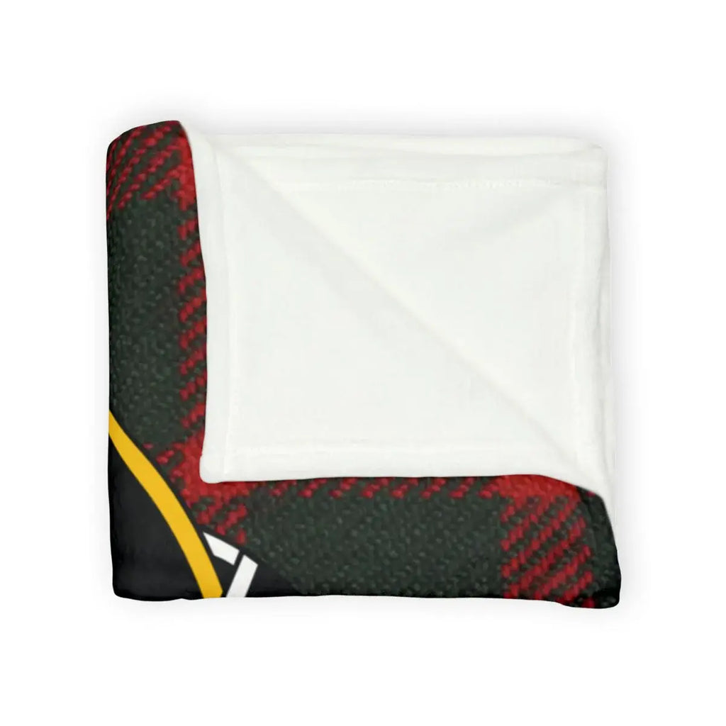 Bruce Fuimus tartan throw blanket laid flat — 100% polyester, 50x60, clan crest at centre