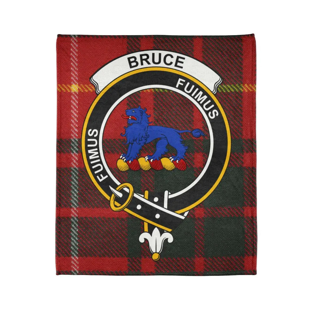 Bruce clan crest plaid throw blanket flat lay — full red-yellow tartan print with Fuimus design