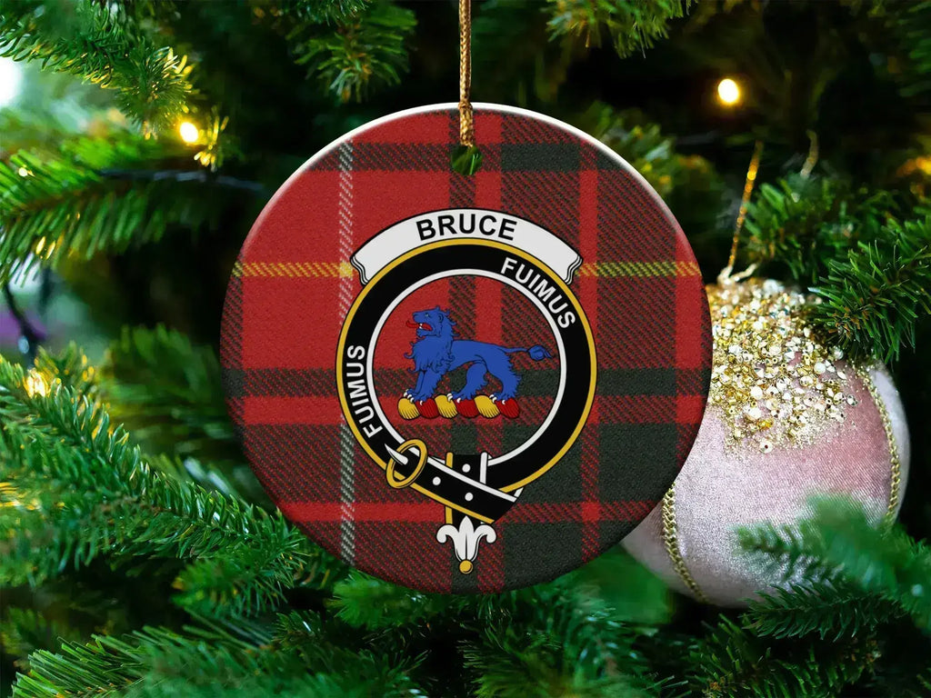 Bruce clan tartan ceramic ornament — 3-inch round glossy disc with clan crest and Fuimus motto
