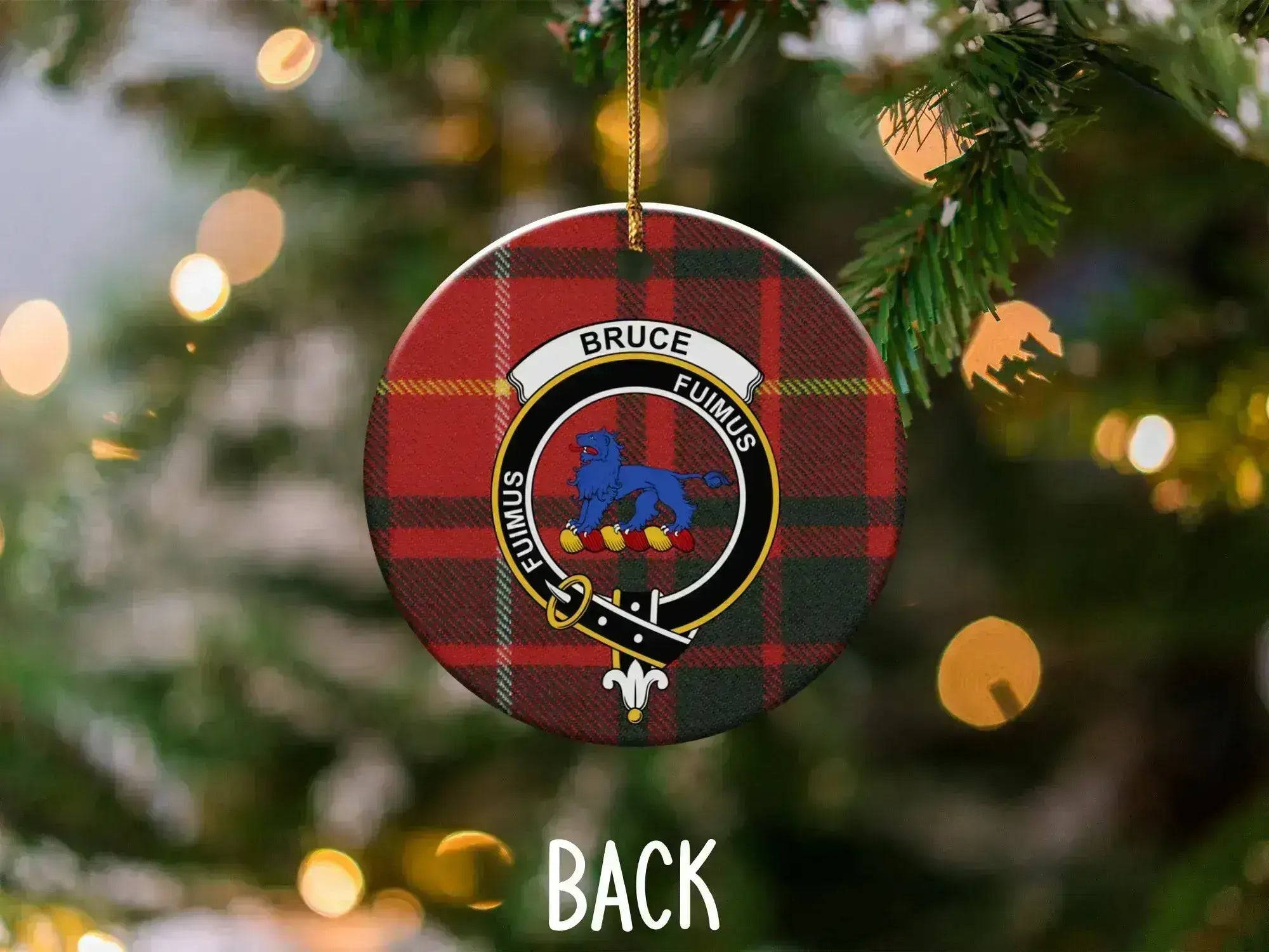 Bruce clan Christmas ornament — double-sided 3-inch ceramic with ribbon hanger and red tartan