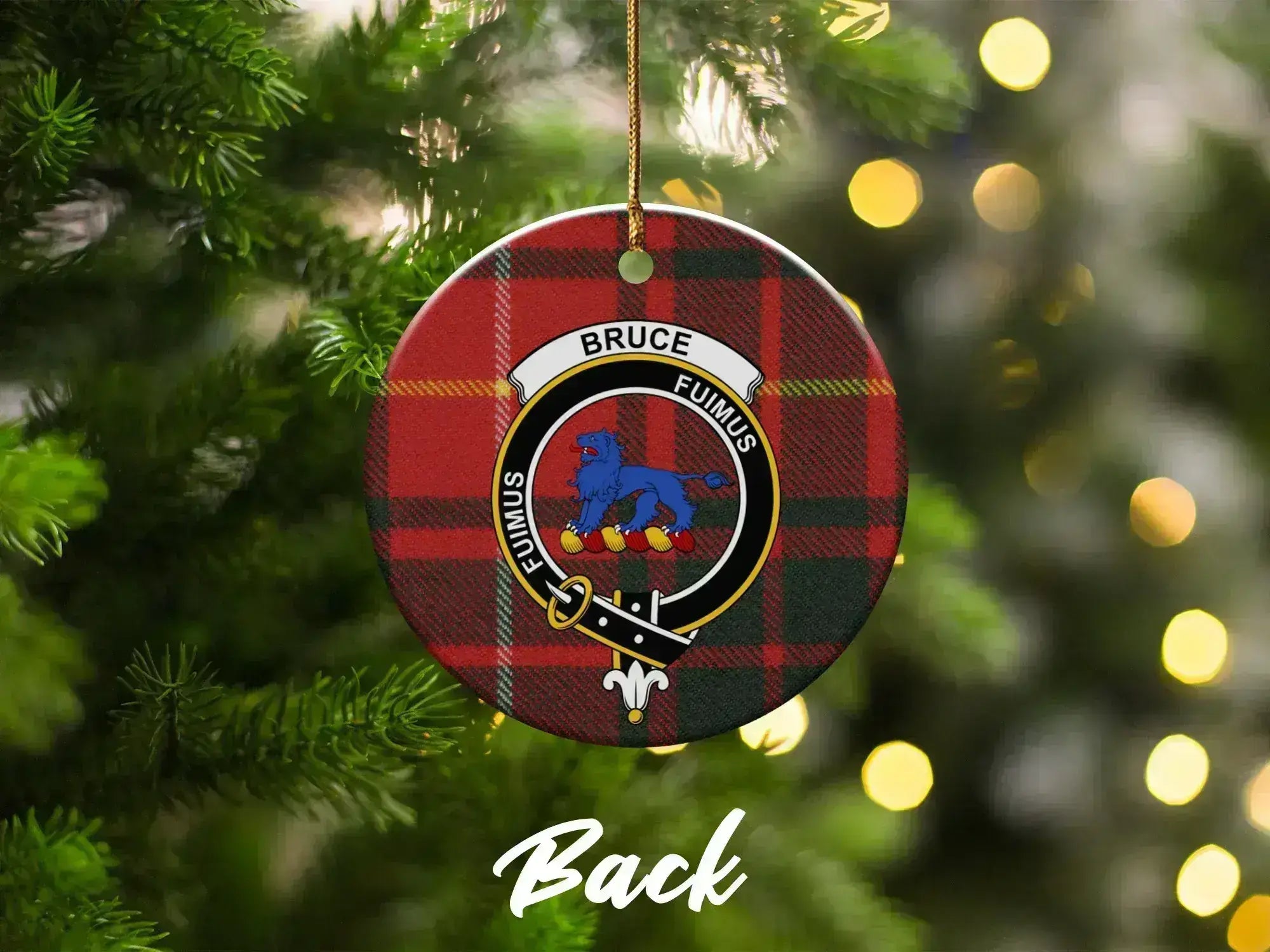 Bruce Fuimus ornament on Christmas tree — red-yellow tartan with heraldic clan crest