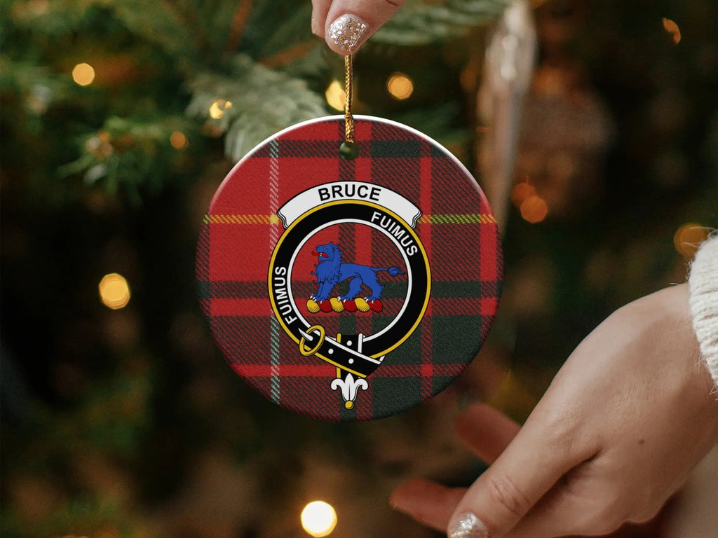 Close-up of Bruce clan tartan ceramic ornament — heraldic crest and glossy finish detail