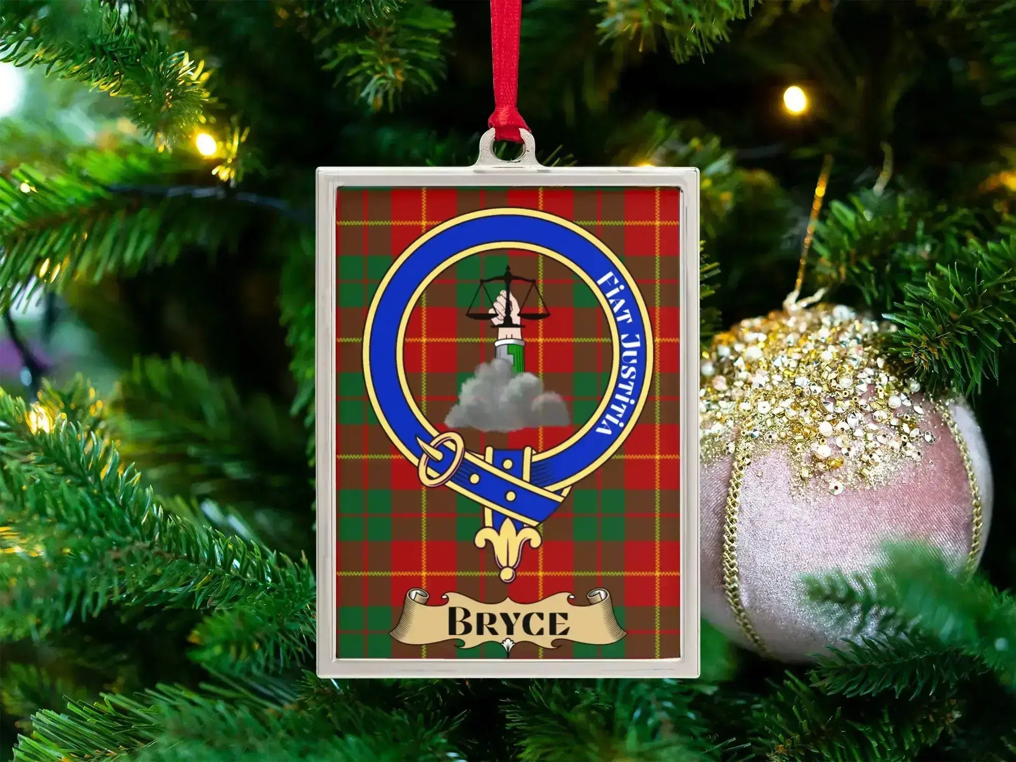 Bryce framed ornament with family-name crest on a tartan-background design