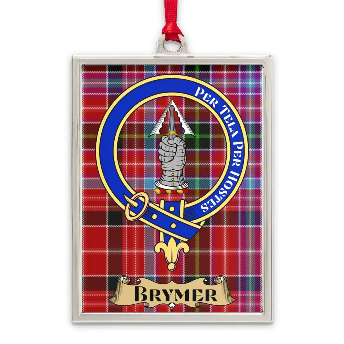 Brymer tartan-background framed ornament product presentation