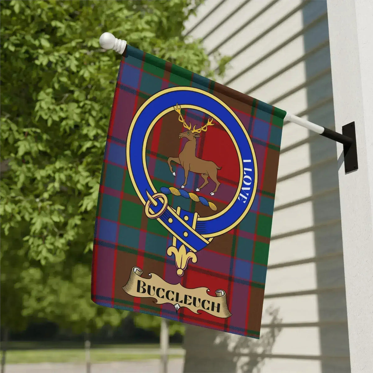 Buccleuch clan crest tartan garden flag for outdoor display