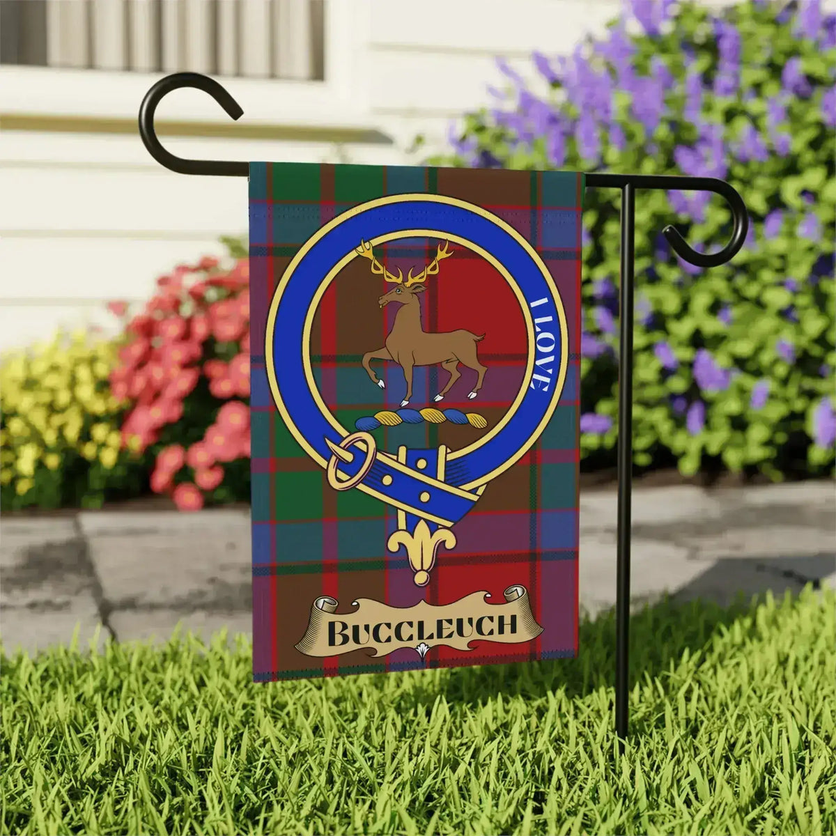 Buccleuch tartan garden flag shown in 12x18 and 24x32 inch sizes