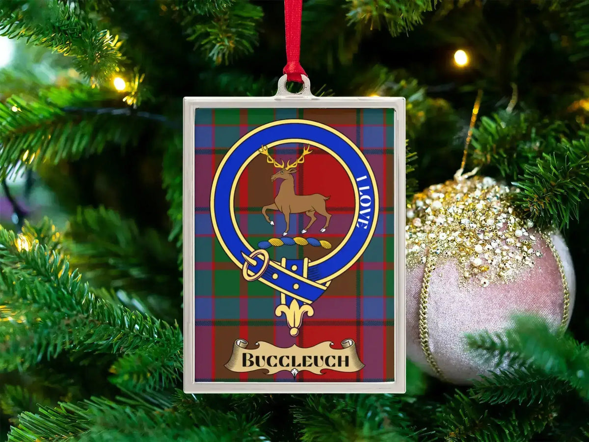 Buccleuch framed ornament with family-name crest on a tartan-background design