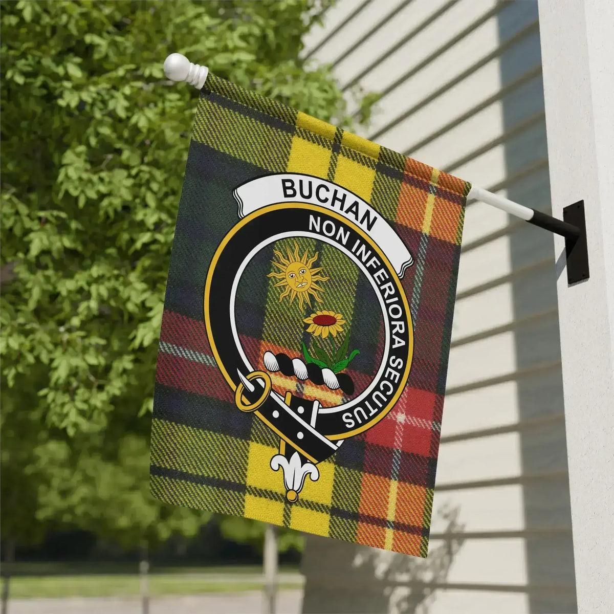Buchan garden flag with family-name crest on a tartan-background design