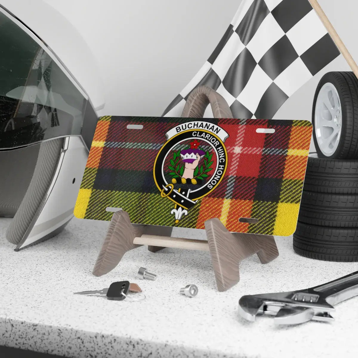 Clan Buchanan crest tartan license plate — yellow plaid design, 100% aluminium 12x6 inch