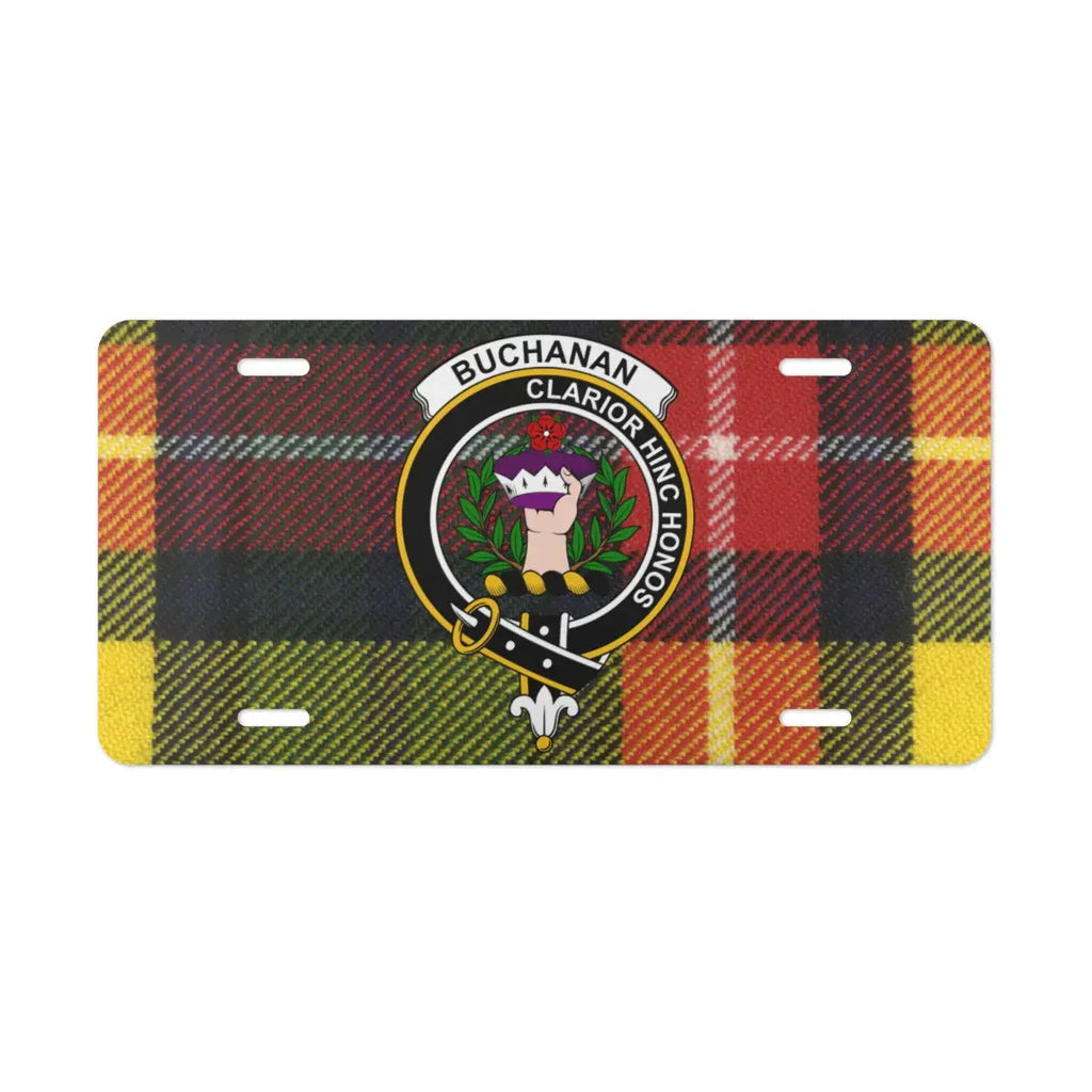 Clan Buchanan Clarior Hinc Honos tartan plate — crest and motto, Scottish heritage design