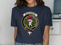 Buchanan clan crest tee in navy — printed tartan design on cotton
