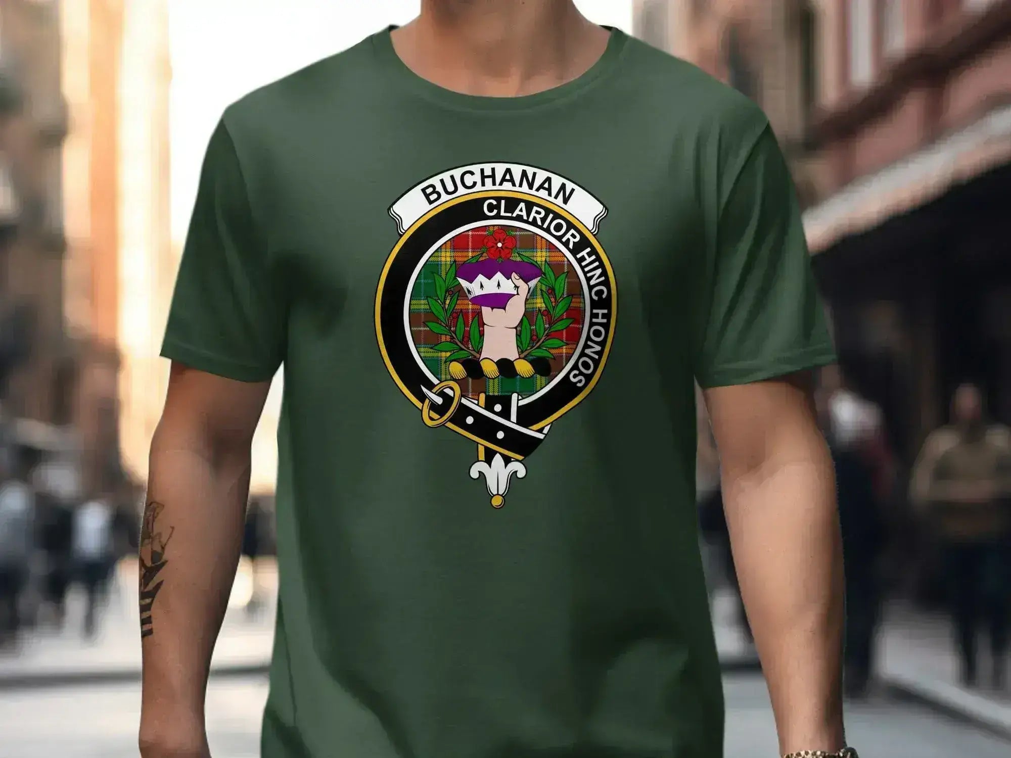 Clan Buchanan crest t-shirt in royal blue — Scottish heritage design
