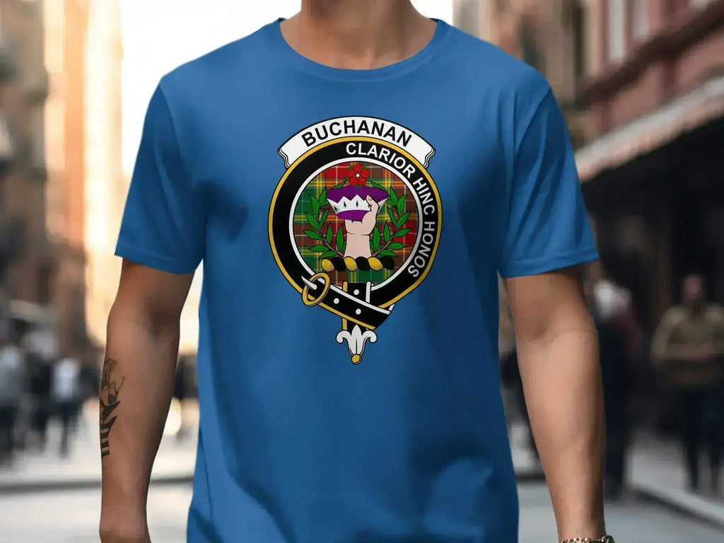 Clan Buchanan t-shirt — side view, Clarior Hinc Honos crest emblem