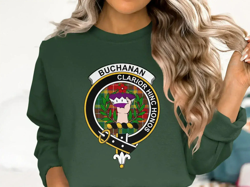 Clan Buchanan crest crewneck sweatshirt in forest green — fleece interior