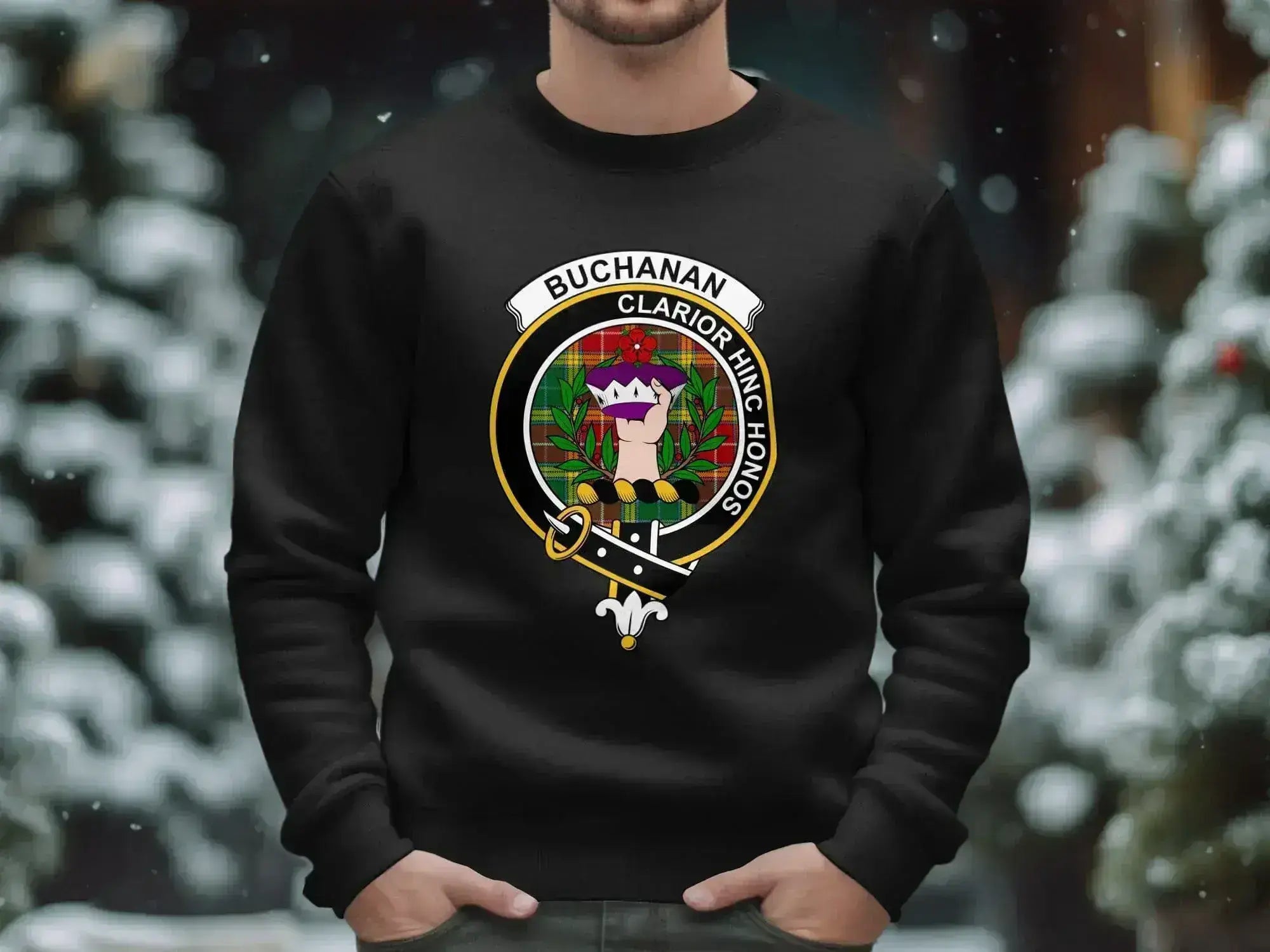 Buchanan clan crest sweatshirt in black — Clarior Hinc Honos motto, ribbed cuffs