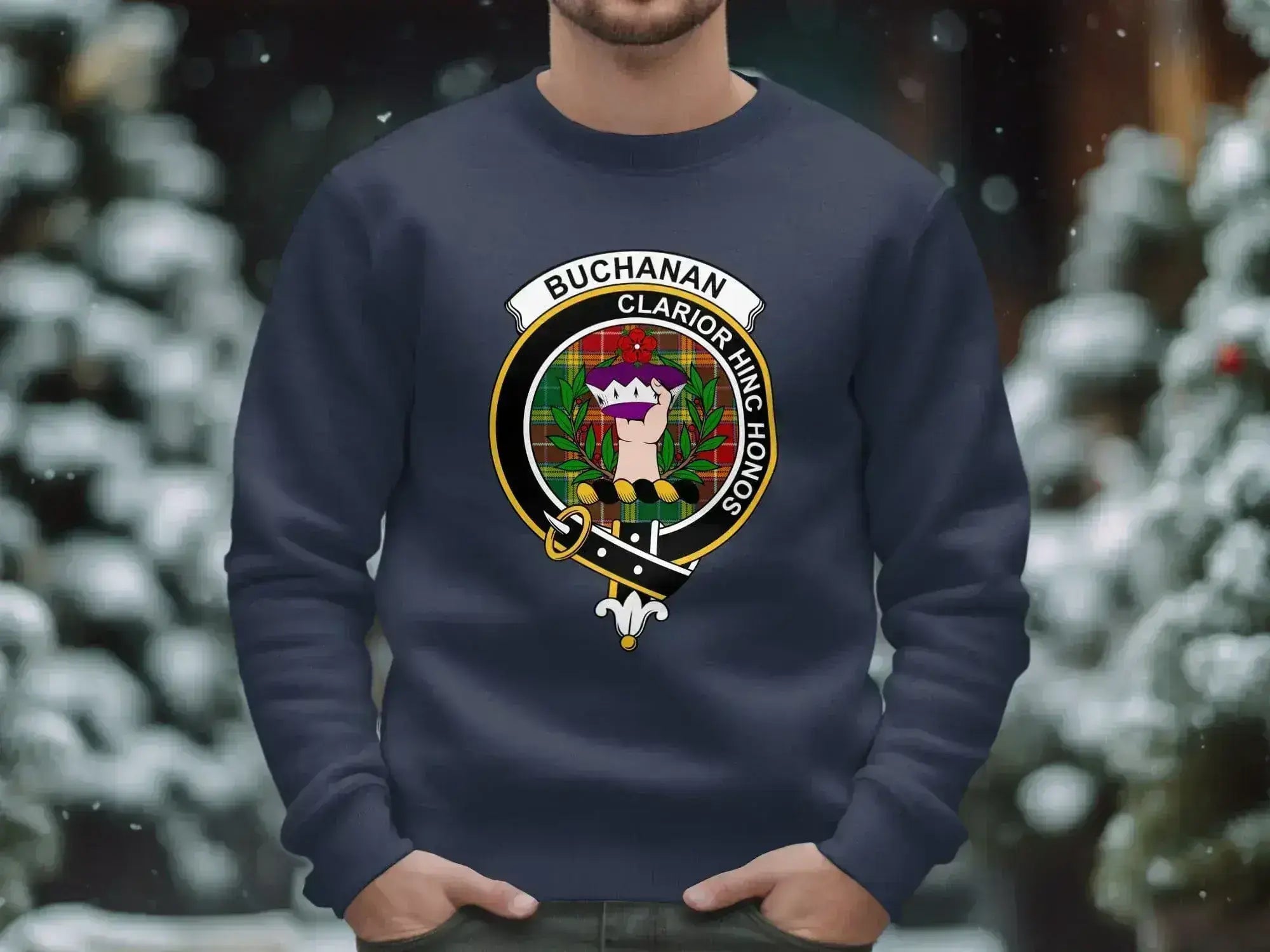 Buchanan clan crest sweatshirt in navy — Scottish heritage design, S–3XL