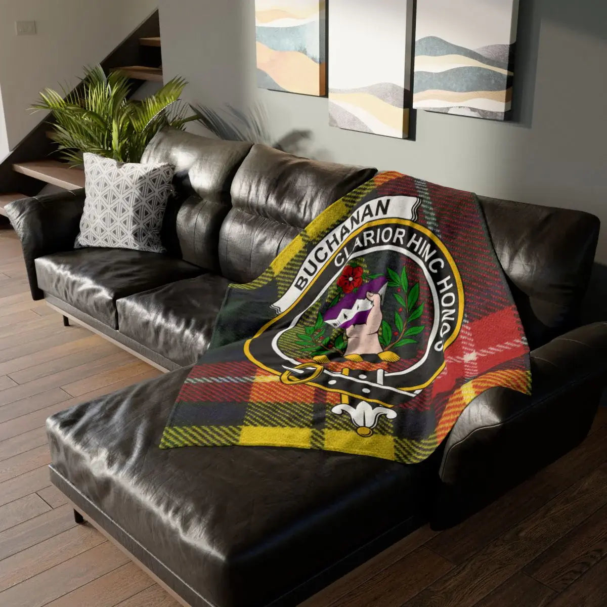 Clan Buchanan clarior hinc honos crest tartan throw blanket — 100% polyester, sofa display