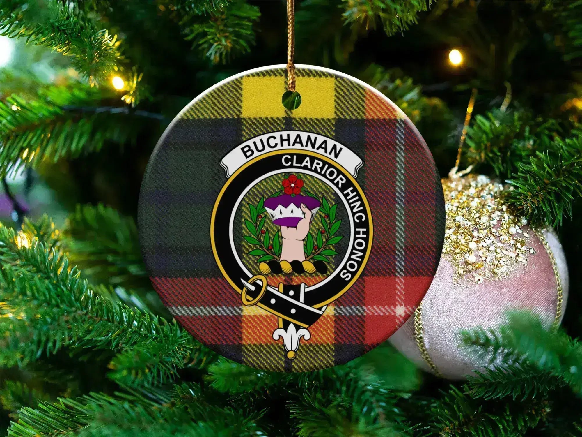 Clan Buchanan tartan crest ceramic ornament — 3 inch round, double-sided with gold string