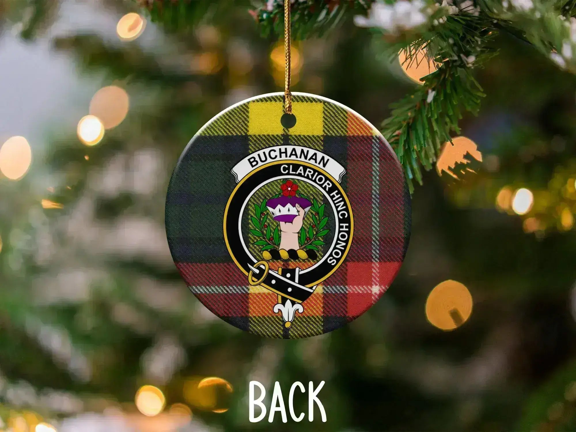 Buchanan clan crest ornament front view — yellow and green tartan on ceramic