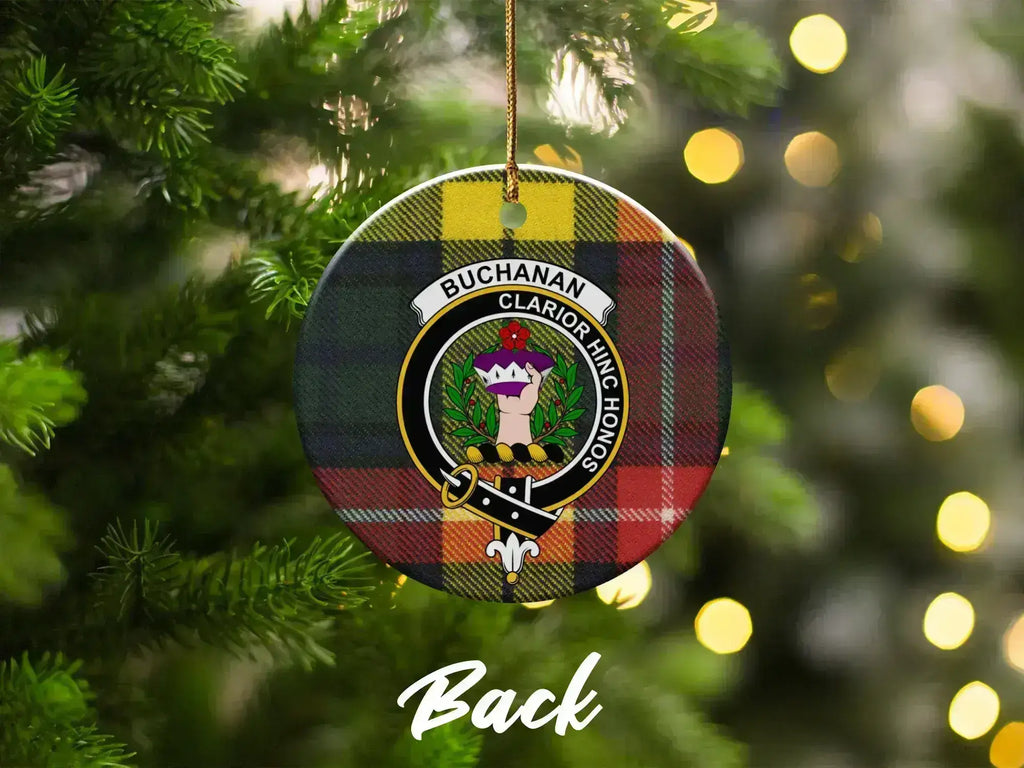 Clan Buchanan ceramic Christmas ornament hanging on tree — Clarior Hinc Honos crest