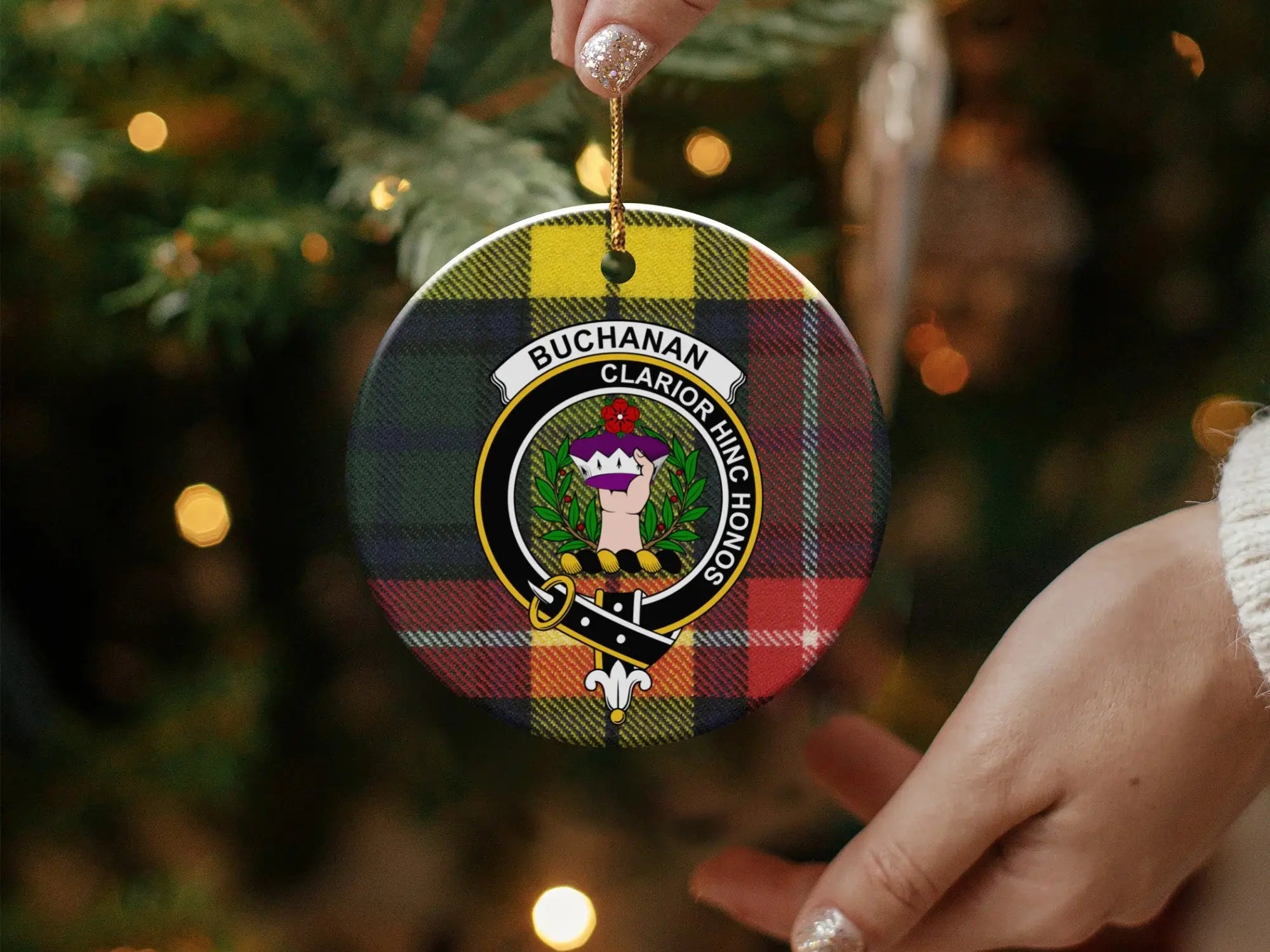 Buchanan crest ornament reverse side — double-sided Scottish heritage ceramic keepsake