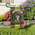 Buchanan clan crest garden flag — yellow tartan plaid, outdoor display, 24x32 variant