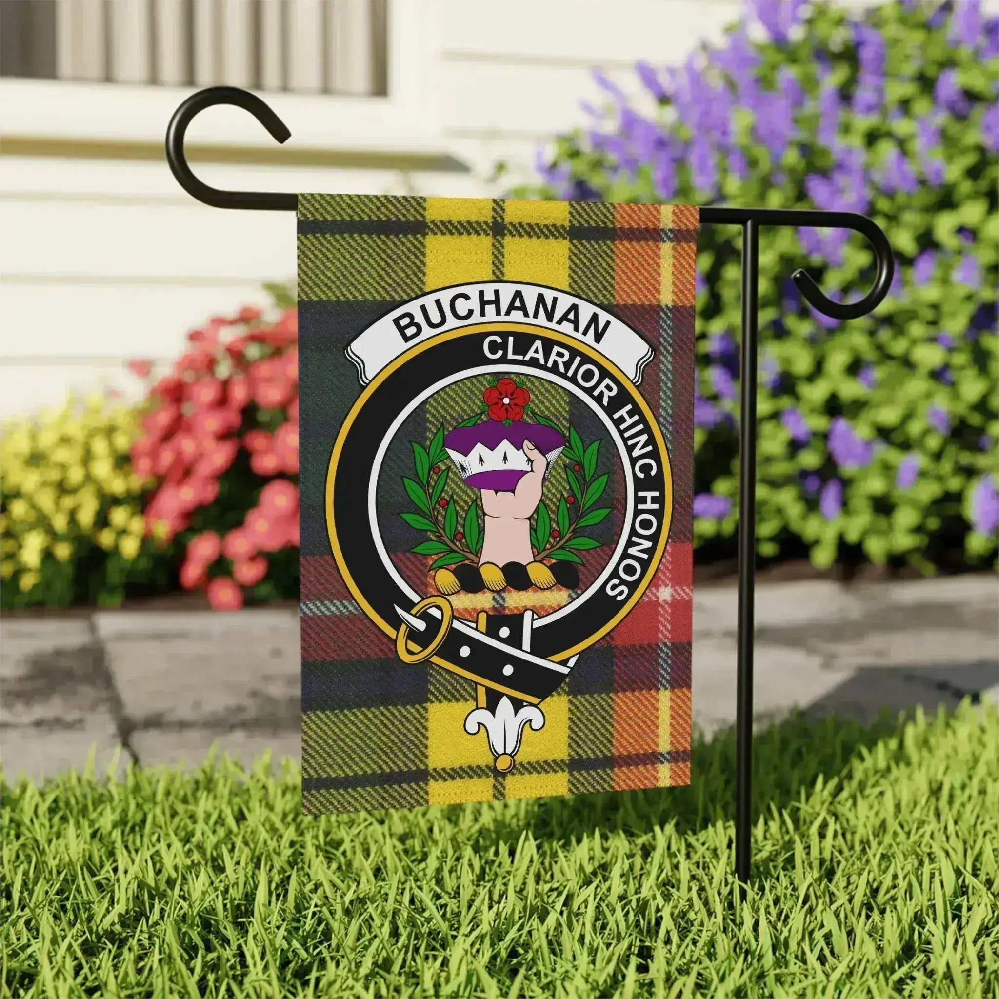 Buchanan clan crest garden flag — yellow tartan plaid, outdoor display, 24x32 variant