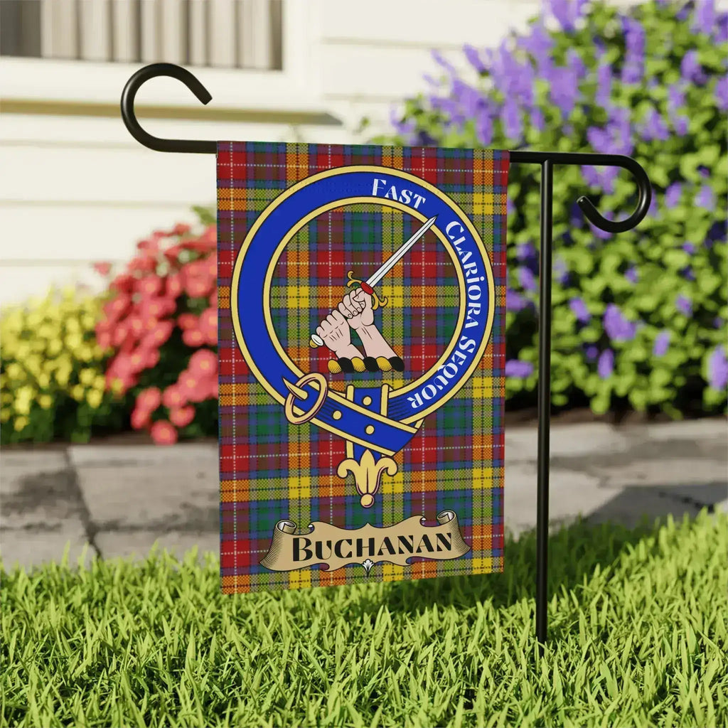 Buchanan clan crest garden flag alternate layout — yellow plaid, 24x32 poly canvas