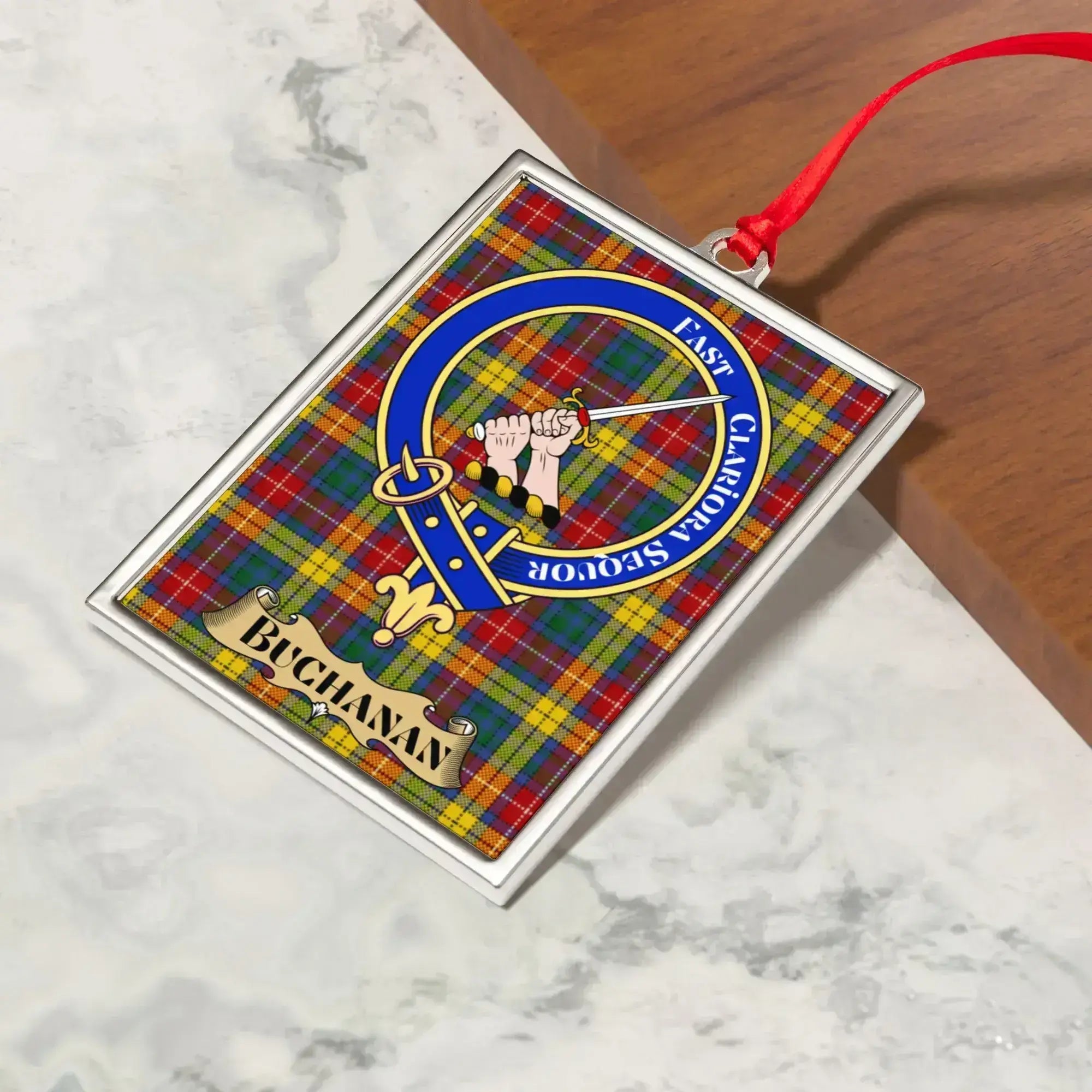 Clan Buchanan silver frame Christmas ornament — Clarior Hinc Honos crest detail