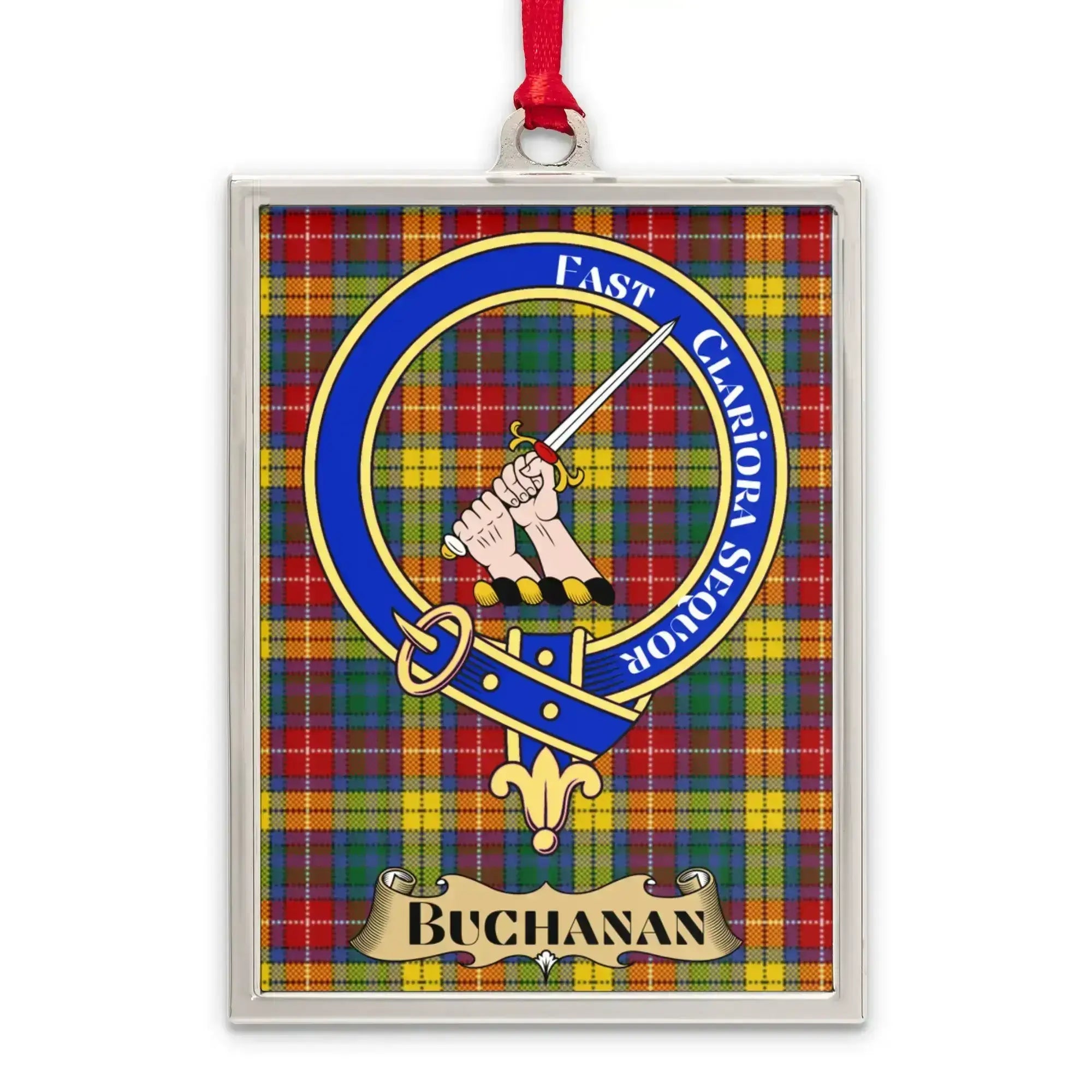 Buchanan crest ornament with red ribbon — silver frame, Scottish heritage keepsake