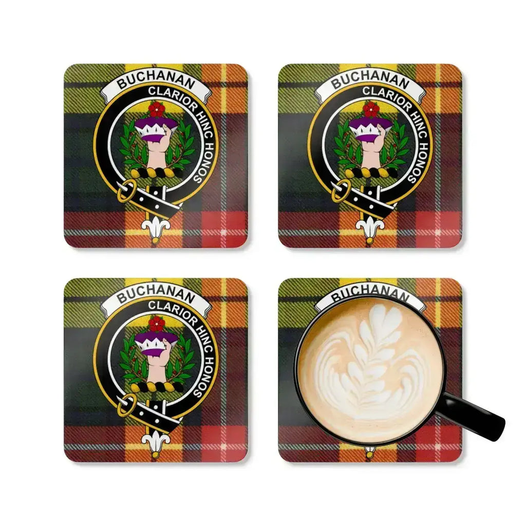 Buchanan clan tartan crest coaster set — set view, natural cork base