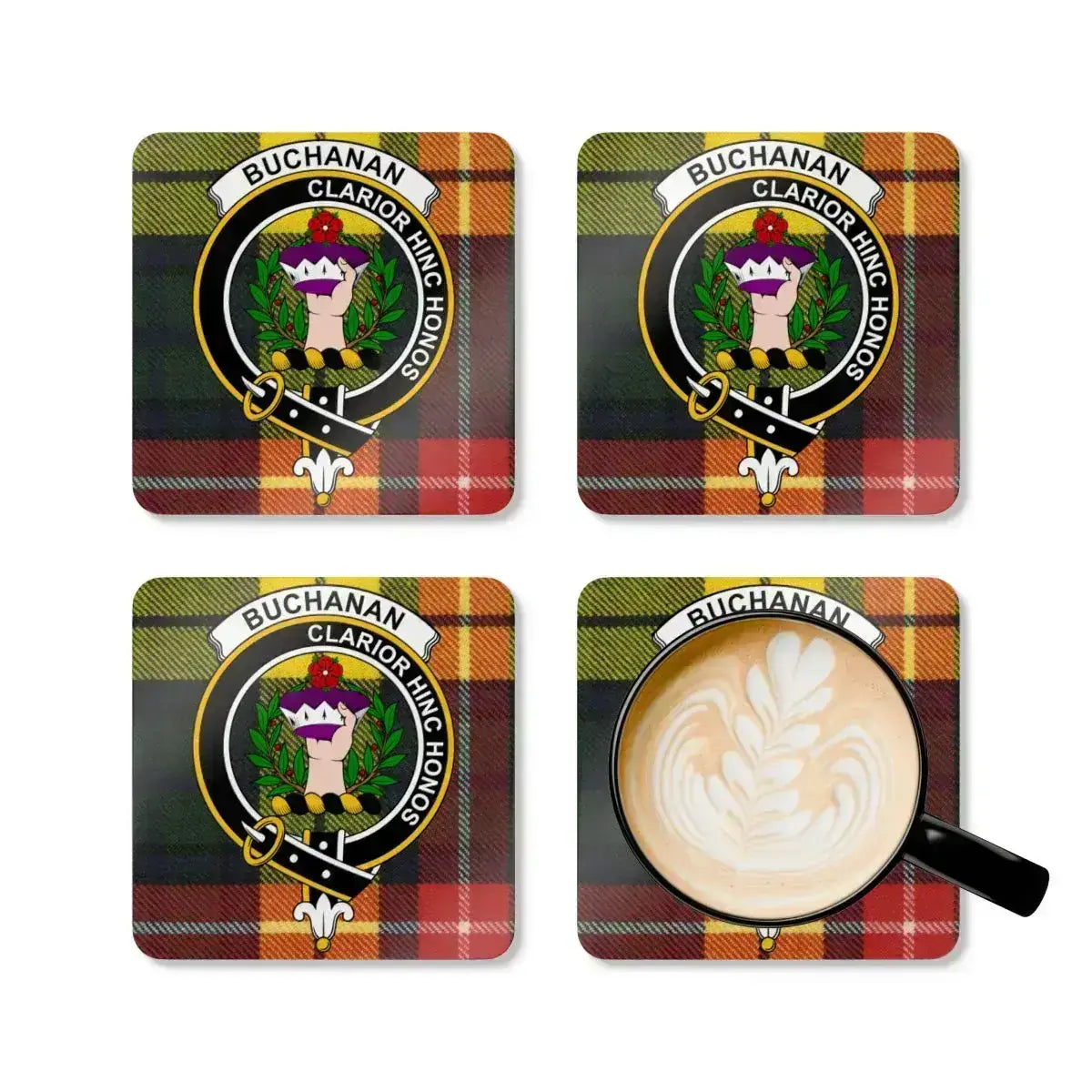 Buchanan clan tartan crest coaster set — set view, natural cork base