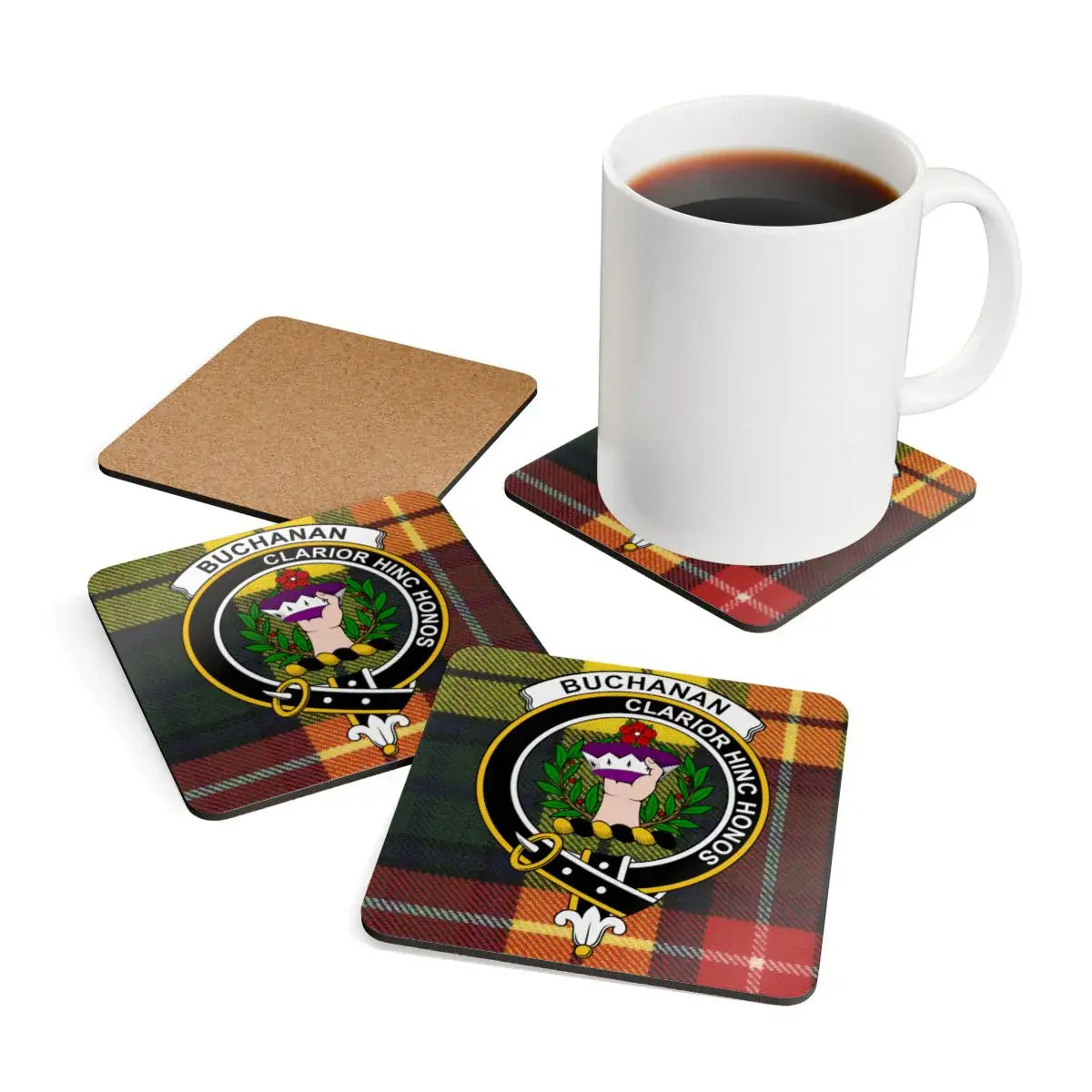 Clan Buchanan crest with tartan background coaster — single detail view