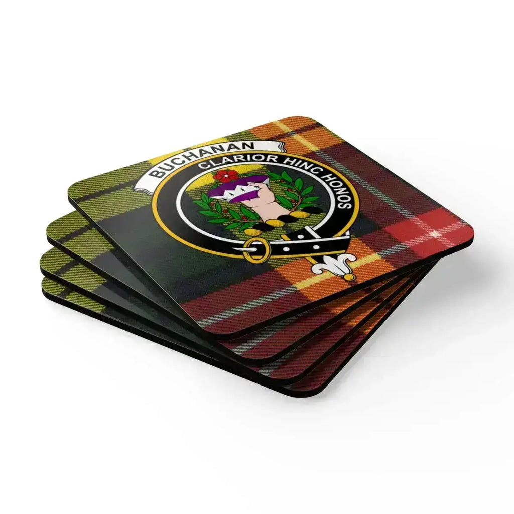 Buchanan clan tartan design drinks mat coasters — four coasters on table