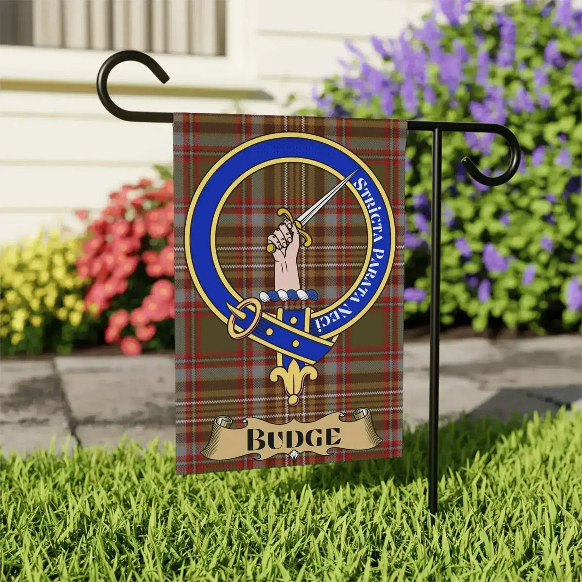 Budge tartan garden flag shown in 12x18 and 24x32 inch sizes