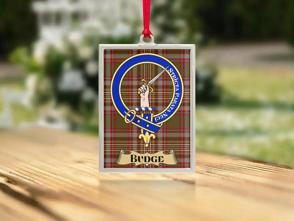 Close-up of the Budge family crest on a polished silver-frame metal ornament
