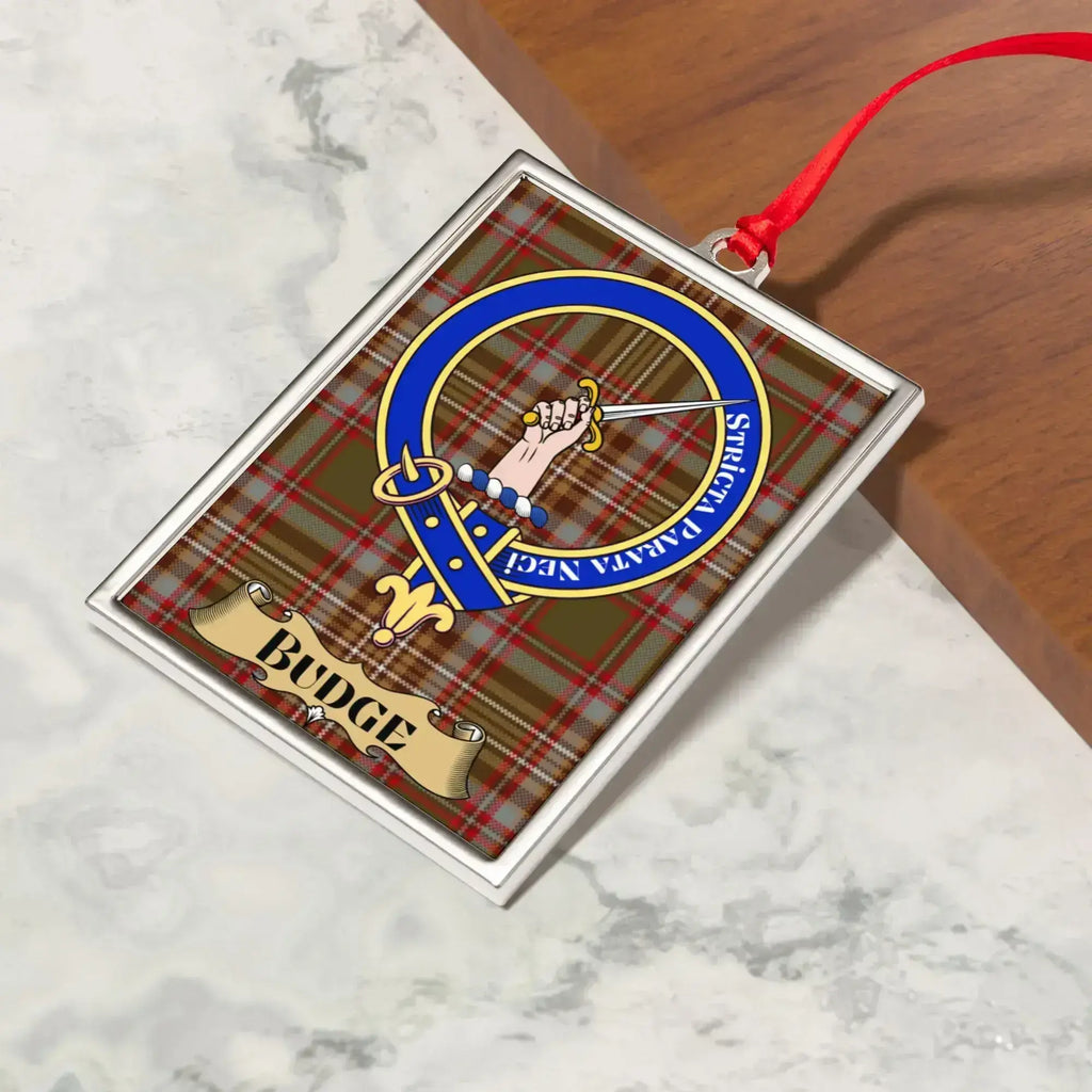 Budge ornament hanging from a Christmas tree branch by its satin ribbon