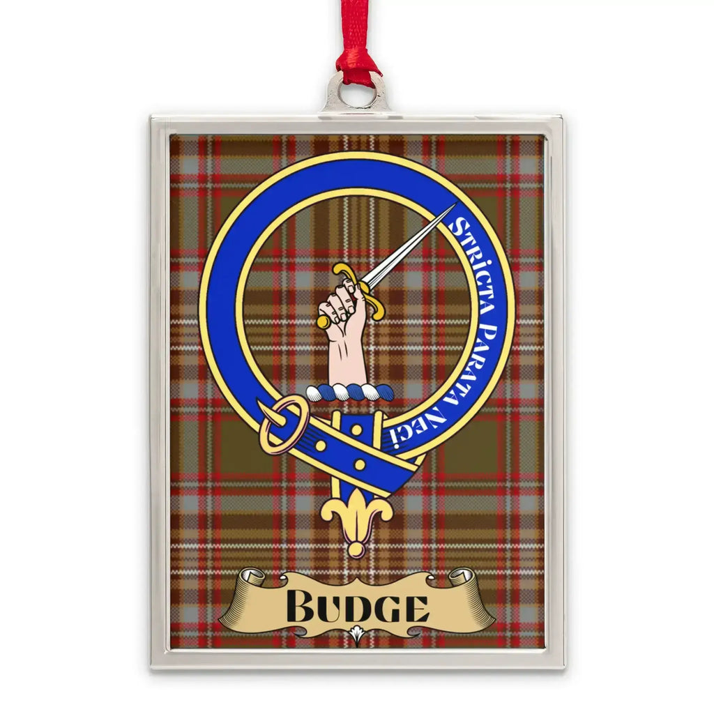 Budge tartan-background crest ornament shown as a Scottish heritage keepsake gift