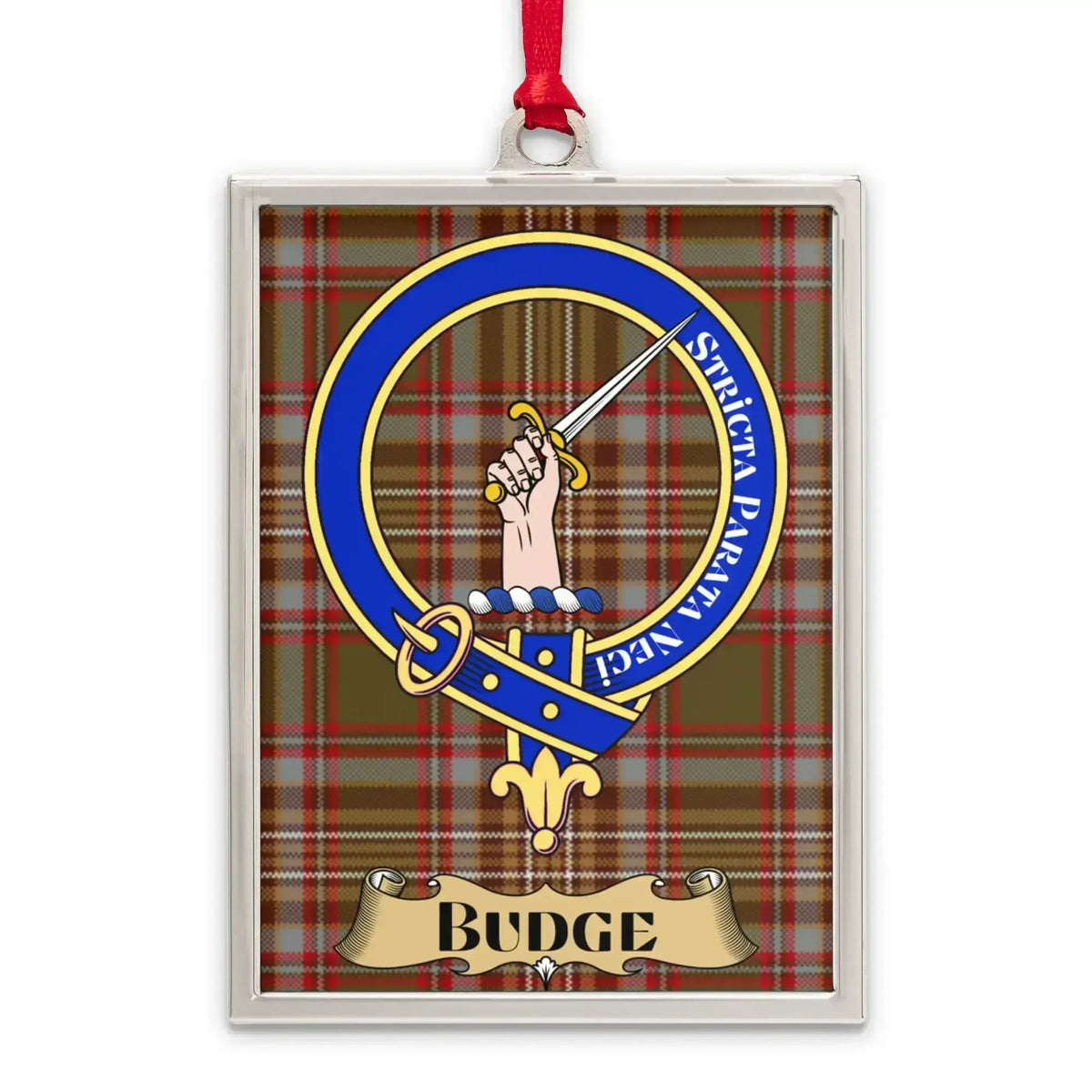 Budge tartan-background crest ornament shown as a Scottish heritage keepsake gift
