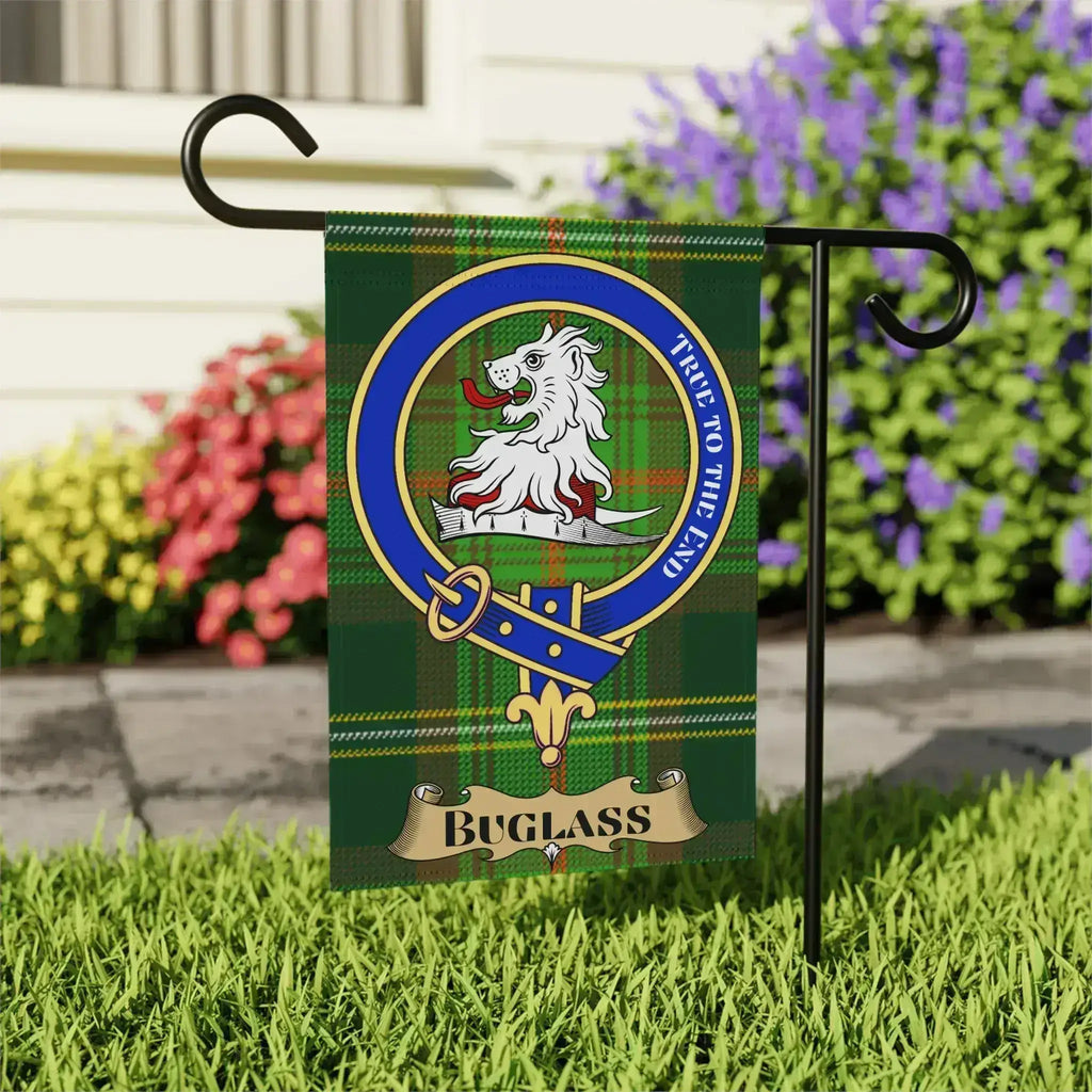 Buglass tartan garden flag shown in 12x18 and 24x32 inch sizes