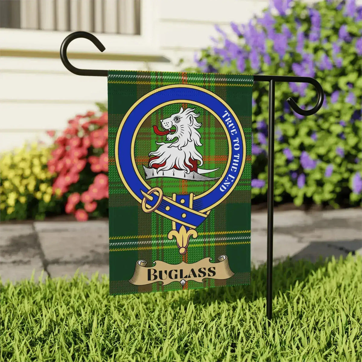 Buglass tartan garden flag shown in 12x18 and 24x32 inch sizes